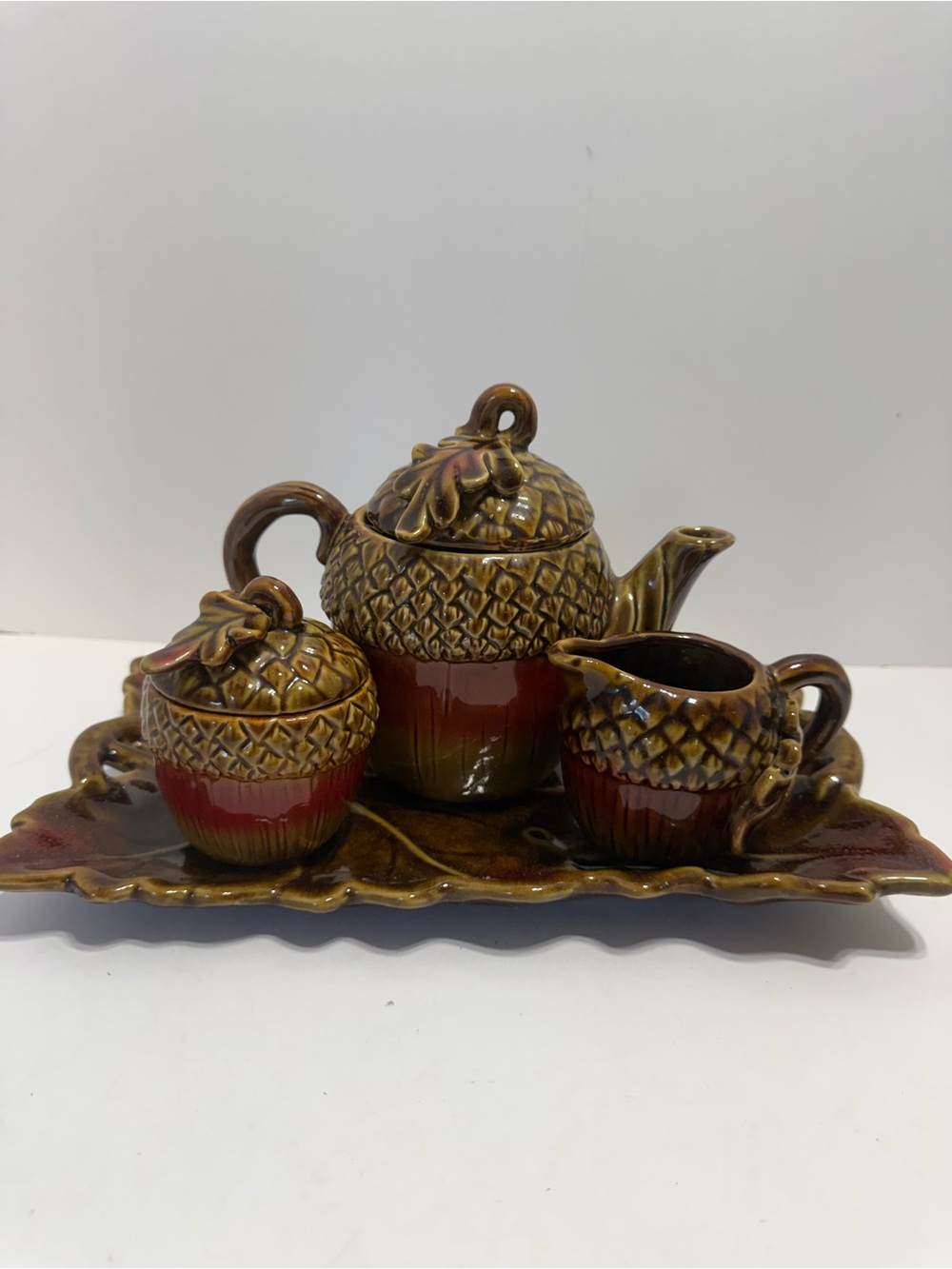 Vintage Ceramic Acorn Tea Set - Red and Brown Serveware, Fall, Great Condition